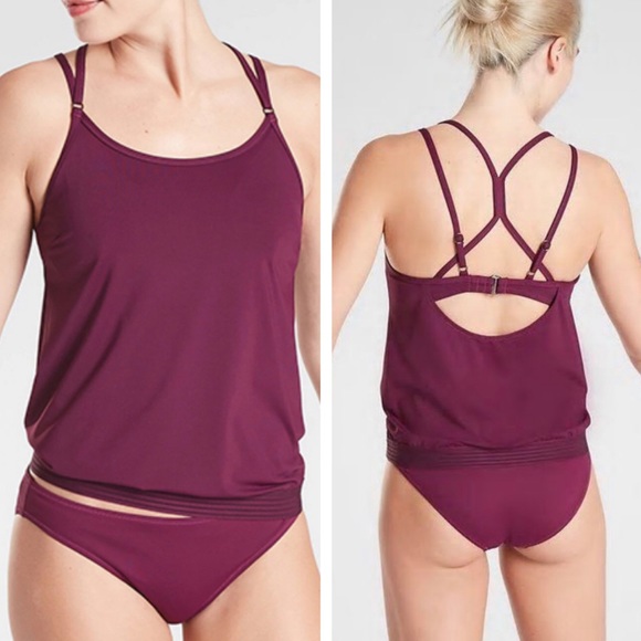 Athleta Cross Back Blousy Swim Tankini Plum Size 32D/DD Small - Picture 3 of 12